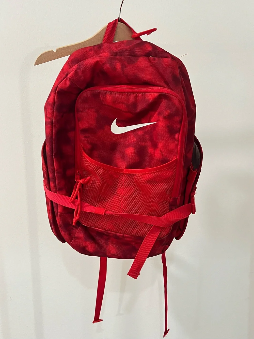 Nike Red Tie Dye Youth Baseball Backpack White Swoosh Mesh Pocket